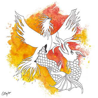 Encre de chine, fine liner, dessin, dragon, phoenix, combat, dechirure, lumiere, flamme, rouge, orange, jaune, noir